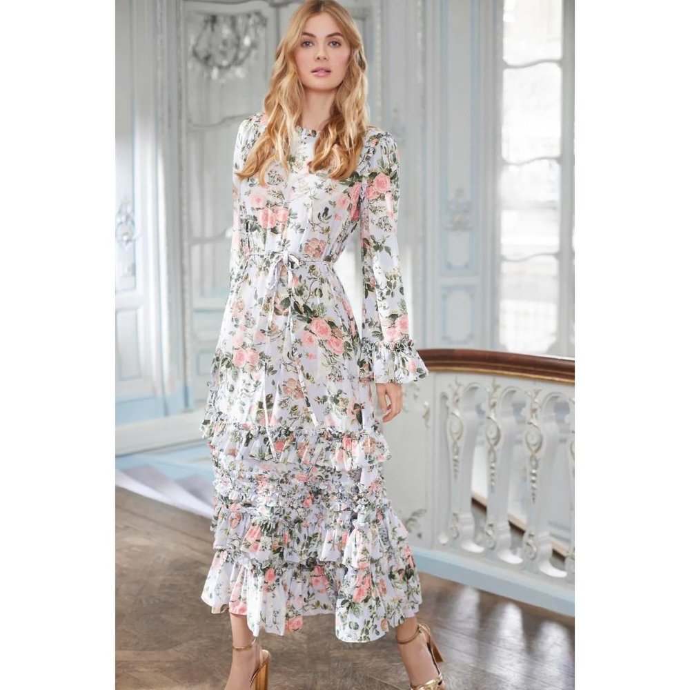 Needle & Thread Esther Floral Ankle Gown in Blue Mist Maxi Dress Long Sleeves